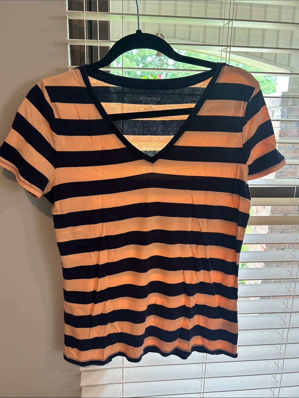 Navy Blue & Peachy orange striped shirt